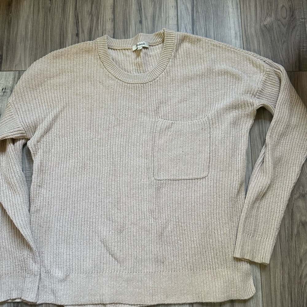 Madewell Women’s Knit Crewneck Pocket Front Beige/Tan Sweater Cotton Size Small